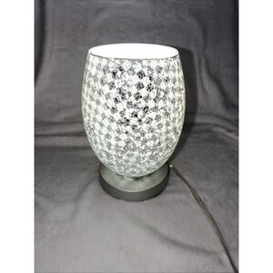 Mosaic Silver‎ White Crackle Glass Table Lamp 10" Shimmer Modern Glam Accent EUC